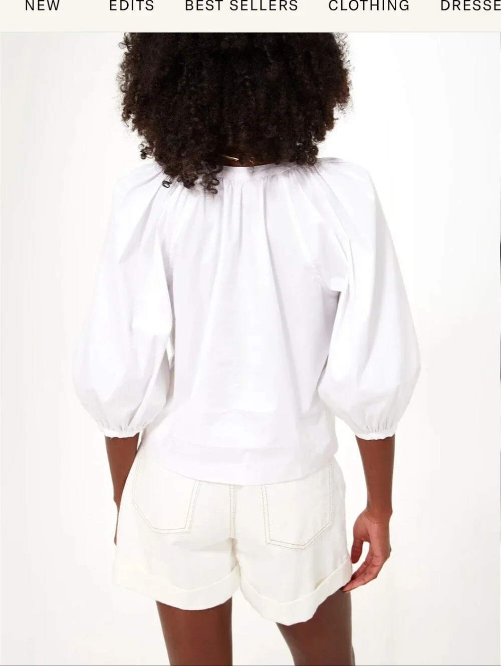 STAUD White V-Neck Button Poplin Blouse with Puff Sleeves